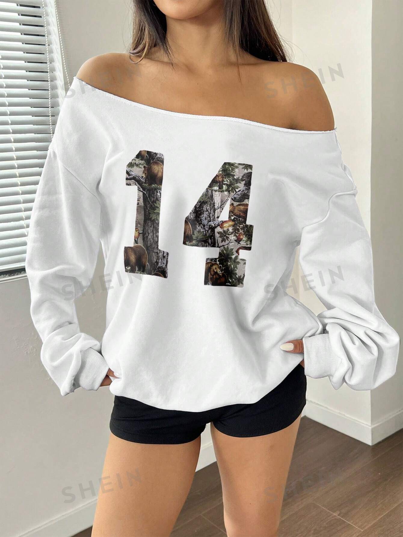 EZwear Off-Shoulder Sweatshirt Y2K Sweatshirt With Number 14