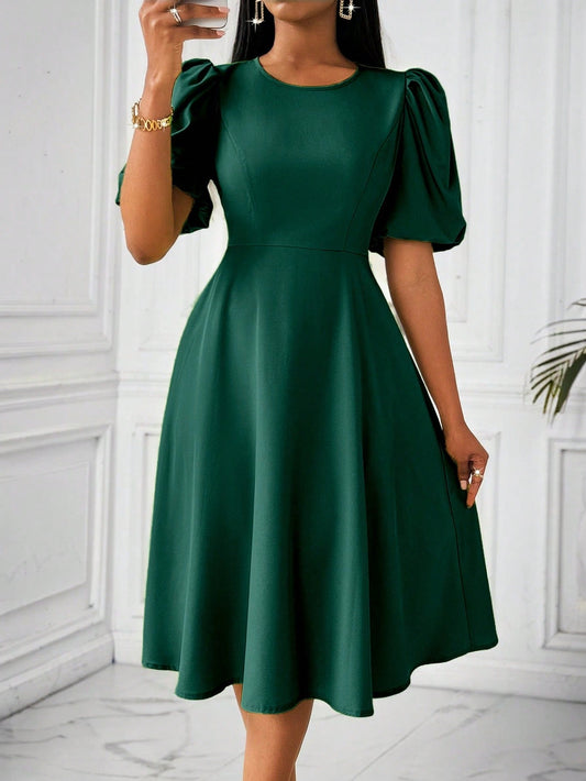 Lyxana Women Long Puff Sleeve Cinched Waist Green Dress Spring Summer Maxi Women Outfit