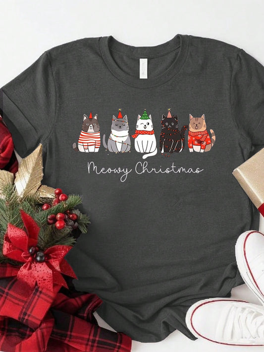 Essnce Christmas Atmosphere T-Shirt, Women's Regular T-Shirt, Printed With Slogans, Cat Pattern Top, Suitable For Spring And Summer