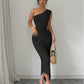 Raffinéa Solid Color Asymmetric Neckline Hollow Out Sleeveless Knit Dress