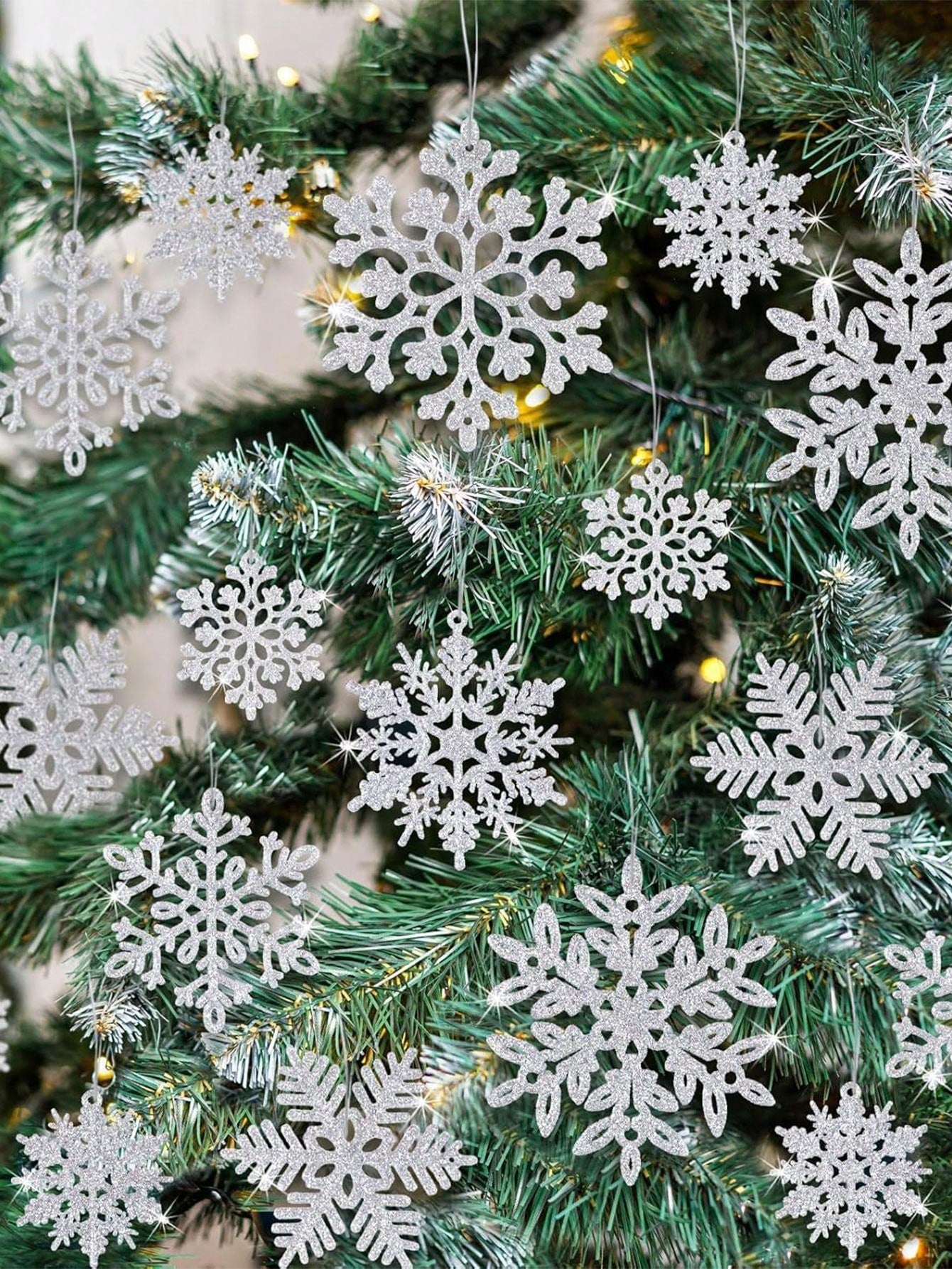 36pcs/1 Set Christmas Party Decorations Snowflake Ornaments - Silver Glitter Snowflakes DIY Hanging Ornaments For Winter Christmas Tree Wall Ceiling Window Decor,Christmas