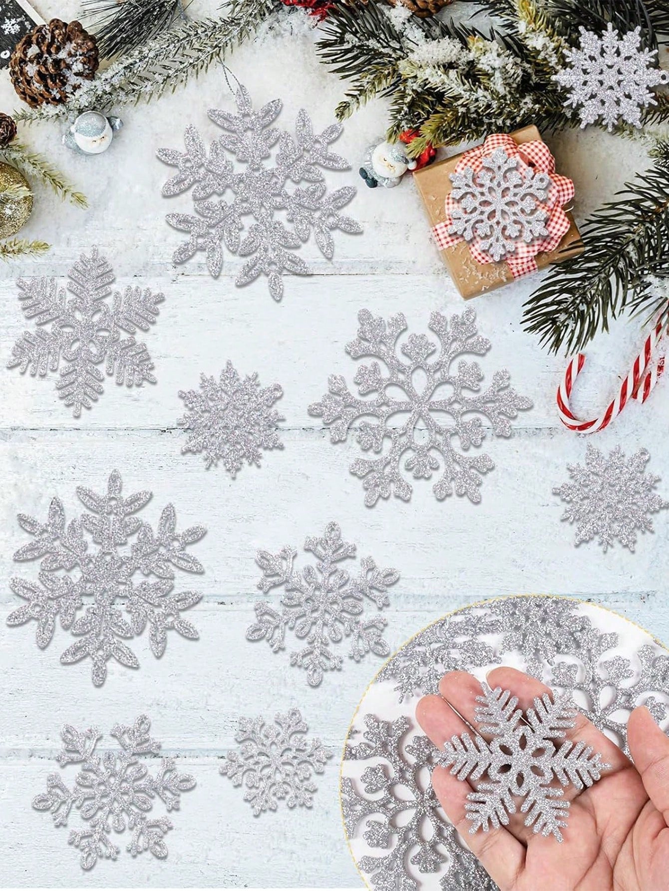 36pcs/1 Set Christmas Party Decorations Snowflake Ornaments - Silver Glitter Snowflakes DIY Hanging Ornaments For Winter Christmas Tree Wall Ceiling Window Decor,Christmas