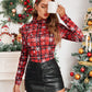 Essnce Red And Black Top Women Red Plaid Snowflake Print Form-Fitting Long Sleeve Casual T-Shirt, Christmas Clothes