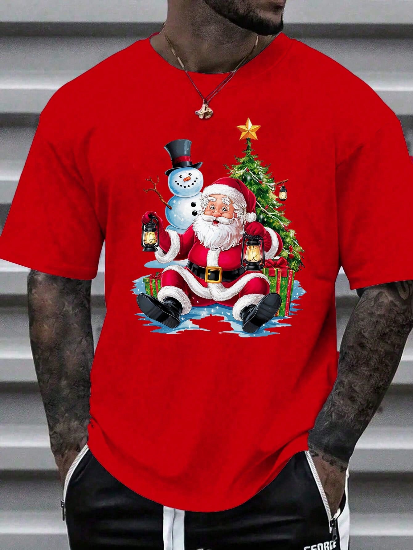 Men's Casual Fashion Santa Claus, Snowman, Christmas Tree Print Basic Short Sleeve T-Shirt Suitable For Christmas Party