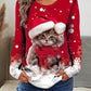 LUNE Women's Cute Cat Graphic Print Long Sleeve T-Shirt, Christmas