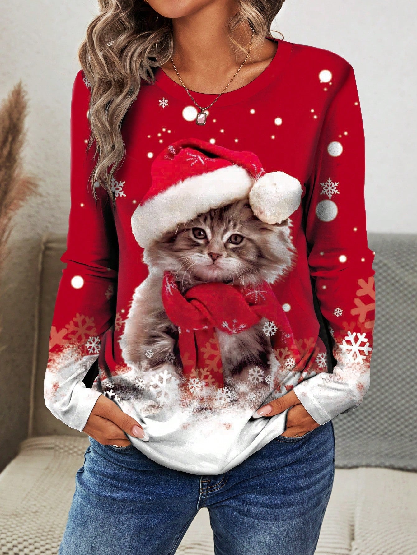 LUNE Women's Cute Cat Graphic Print Long Sleeve T-Shirt, Christmas