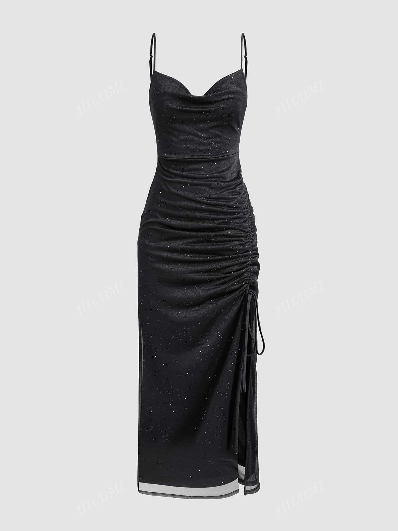 Women's Glittery Drawstring Slit Hem Ruffle Neck Spaghetti Strap Dress, Elegant Cocktail Semi Formal Prom Dress, For Birthday, Wedding Guest, Graduation, Dinner, Homecoming