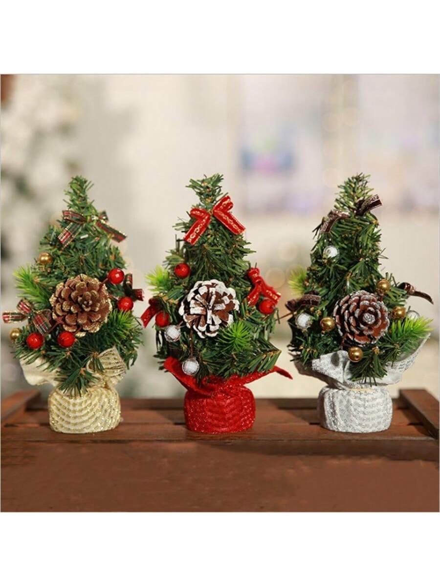 1pc New Pattern Artificial Christmas Tree, Three Styles Tabletop Plastic Xmas Pine With Hanging Ornaments, Ideal For Holiday Home Decor, Office Desk, Kitchen, Dining Festivities,Christmas