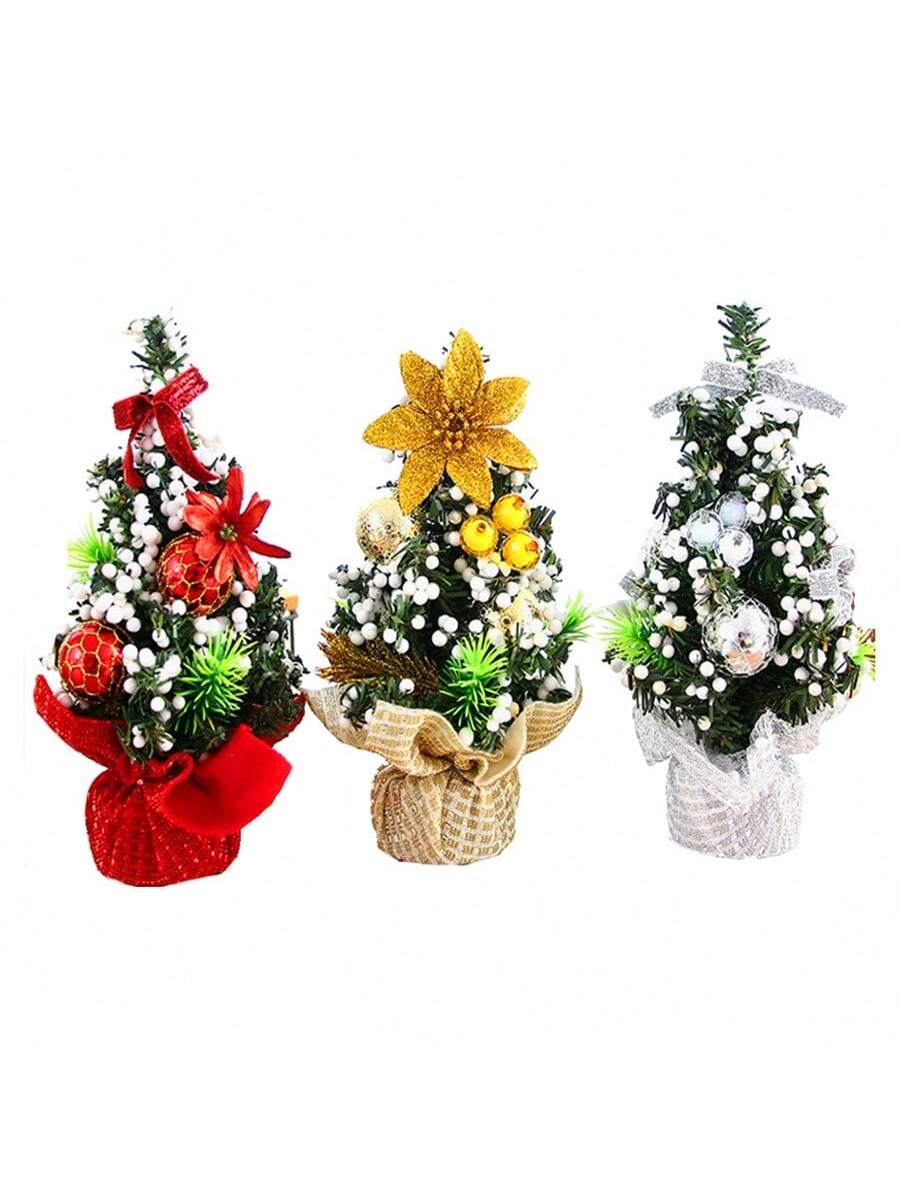 1pc New Pattern Artificial Christmas Tree, Three Styles Tabletop Plastic Xmas Pine With Hanging Ornaments, Ideal For Holiday Home Decor, Office Desk, Kitchen, Dining Festivities,Christmas