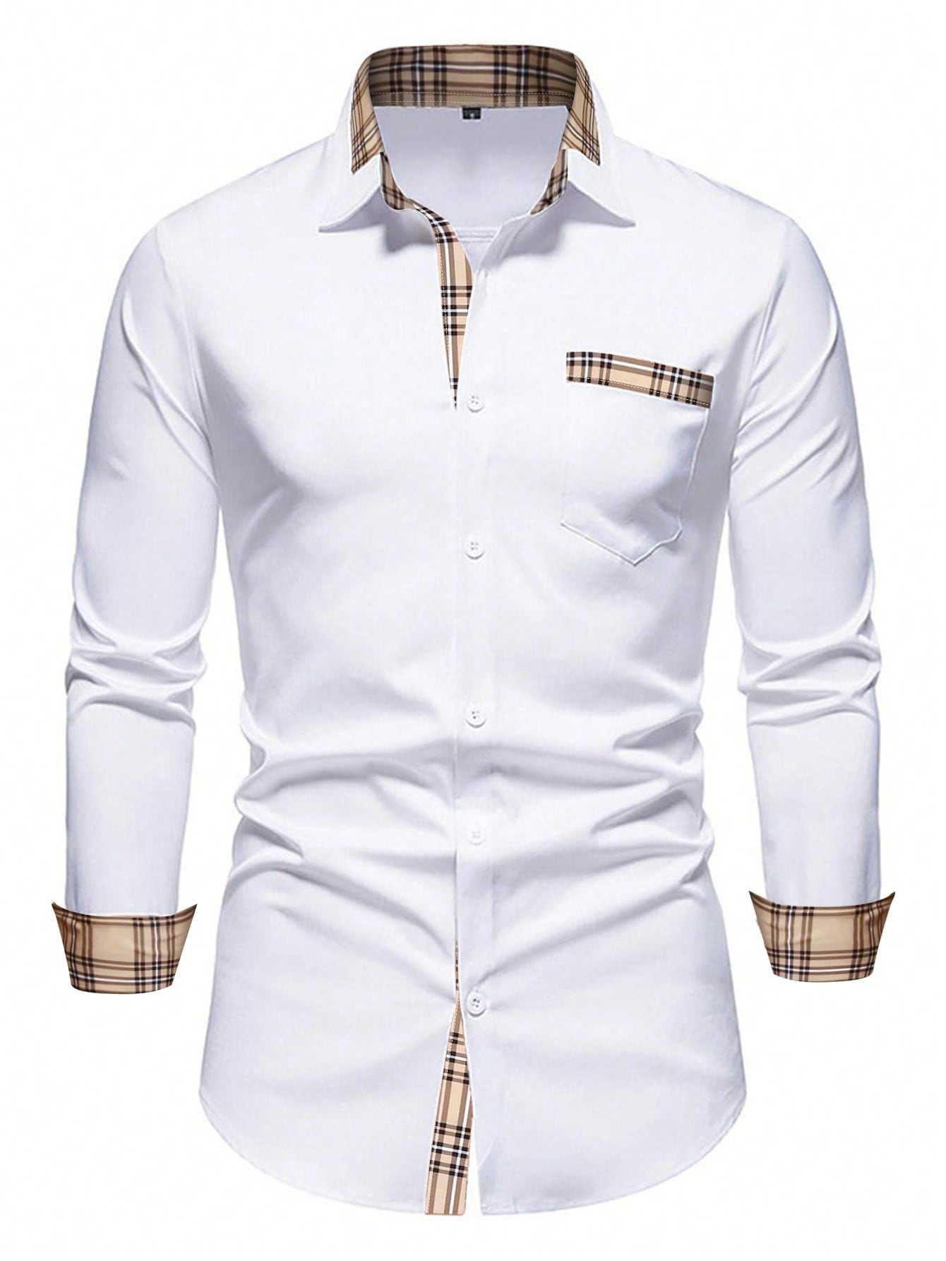 Men's Casual Business Plaid Splice Long Sleeve Shirt