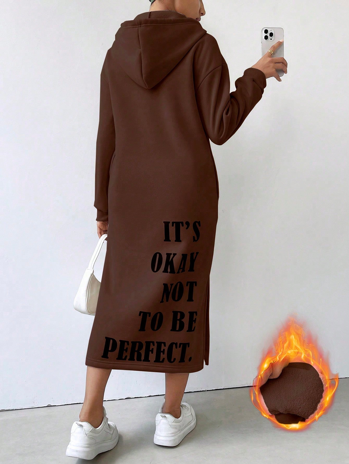 Essnce Slogan Graphic Drop Shoulder Hooded Sweatshirt Dress IT'S OKAY NOT TO BE PERFECT,Long Sleeve Tops