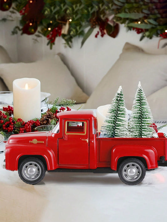 1pc Red Truck Decor,Retro Style Red Truck Christmas Decor Metal 2024 New Year For Farmhouse Decorative Tabletop Storage Mini Diecast Car Decorations Truck For Home Kitchen Farm, Merry Christmas,Christmas