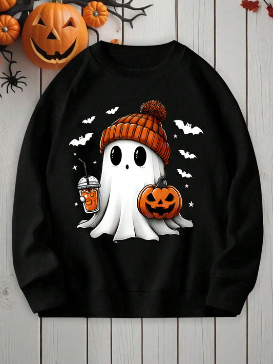 Essnce Plus Size Ghost Pumpkin Printed Crew Neck Long Sleeve Sweatshirt