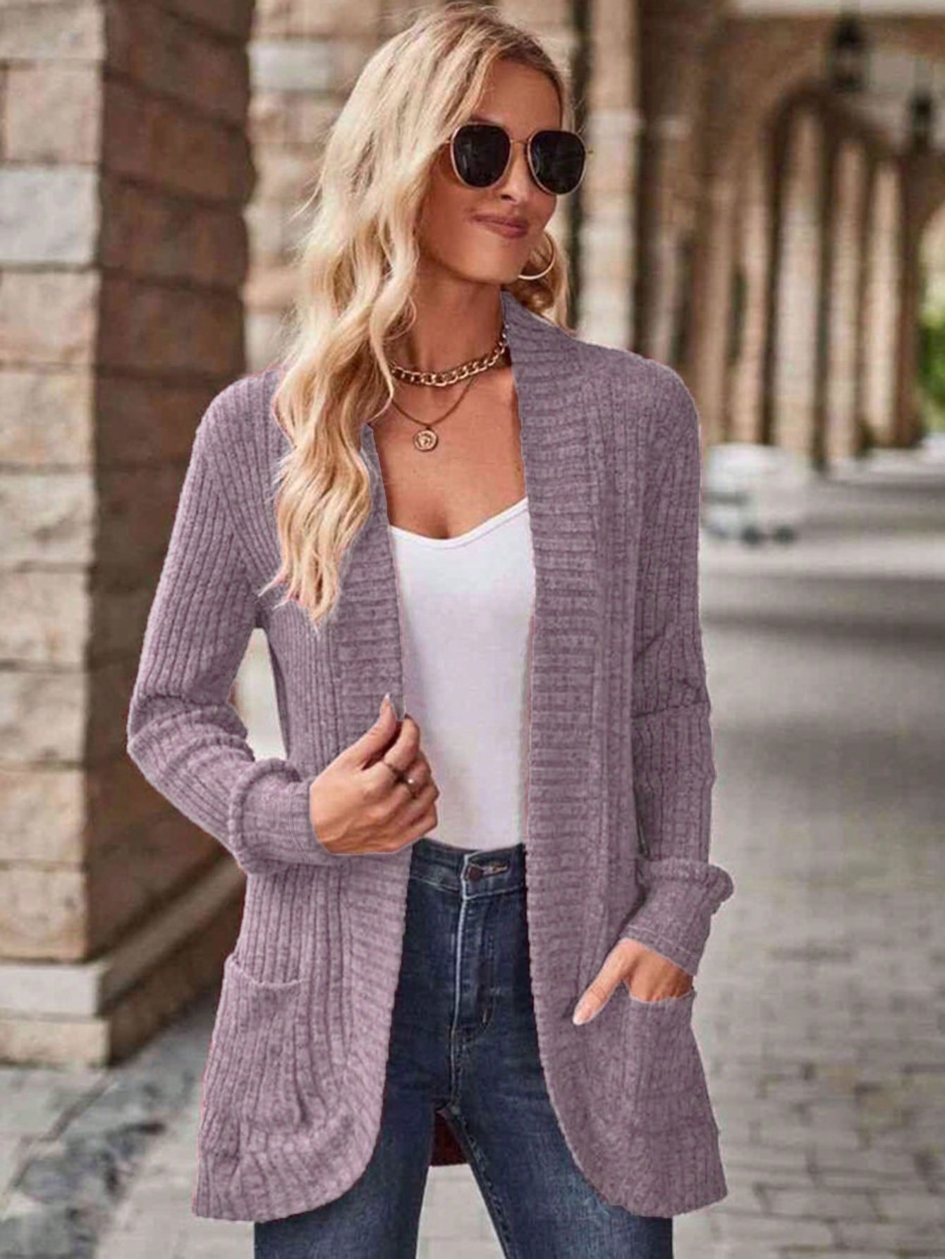 EMERY ROSE Women's Casual Knitted Ribbed Thin Jacket For Autumn