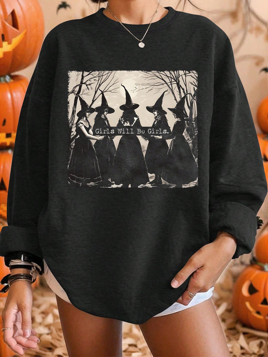 EZwear Plus Size Design Sense Halloween Witch Print Casual Sweatshirt For Women