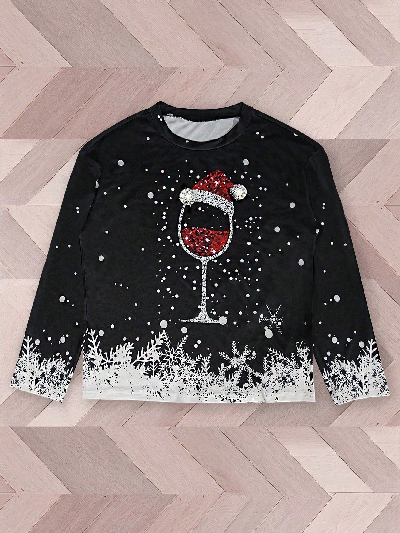 LUNE Lune Christmas Women's Printed T-Shirt Long-Sleeved Top Wine Bottle Christmas Hat Snowflake Print Autumn And Winter Women's Clothing