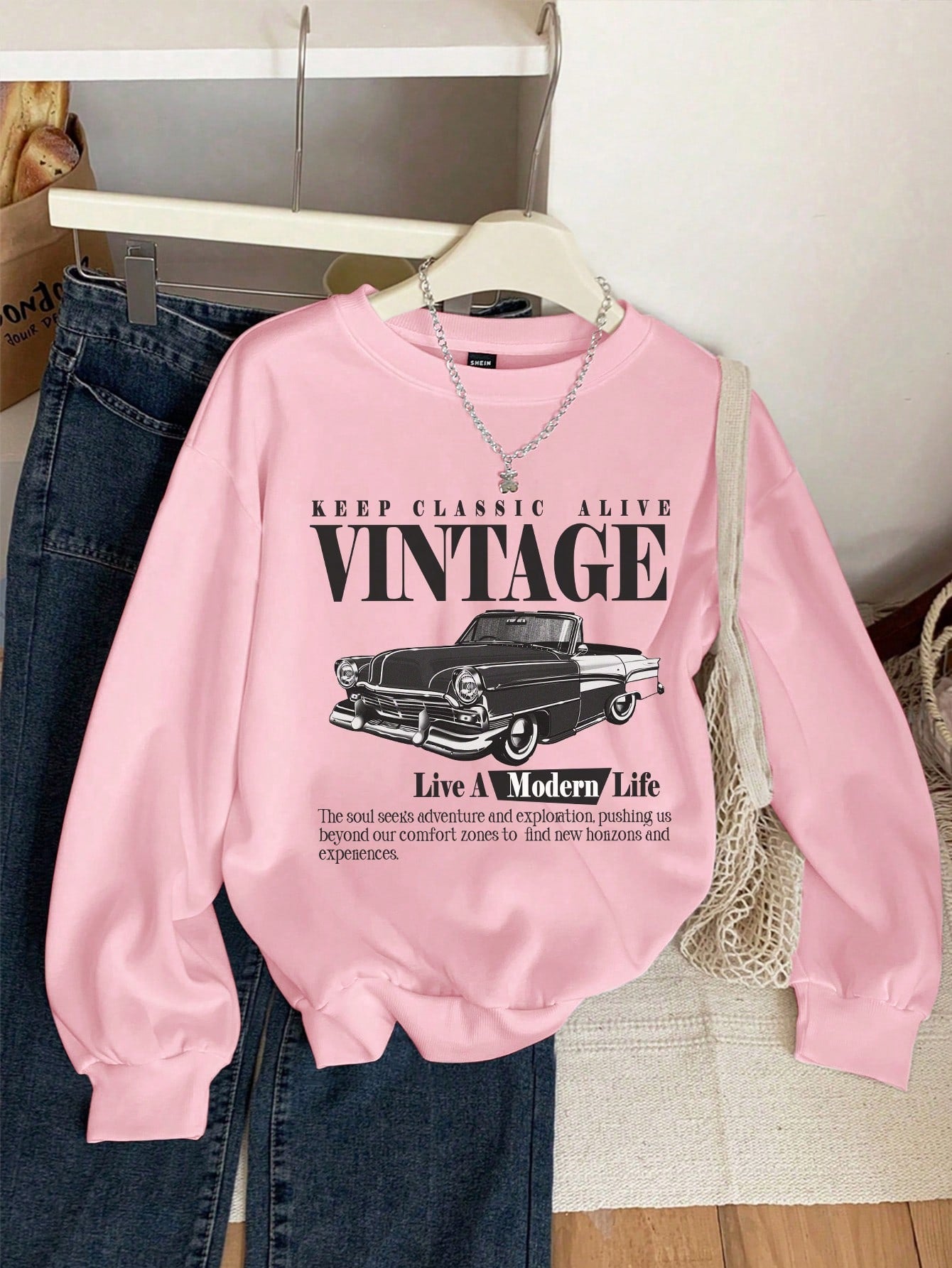 EZwear Vintage Car Print Hoodie Casual Loose Fit Sweatshirt For Women, Autumn Winter,Long Sleeve Tops