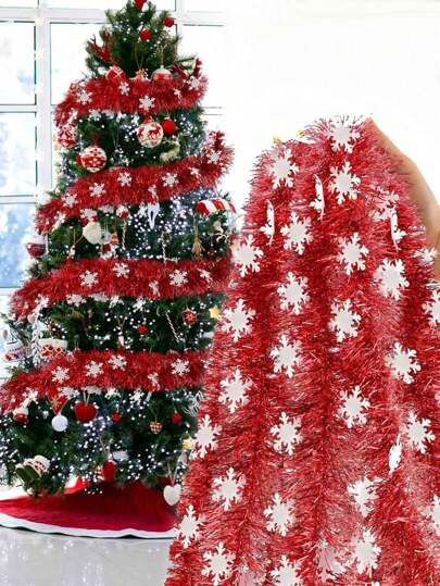 1pc Christmas Tinsel Garland, Dark Green Frost Tip Metallic Garland With 6/12pcs Red Bows, Artificial Xmas Garland For Home Indoor Outdoor Christmas Tree Decoration, Holiday Wedding Party Supplies