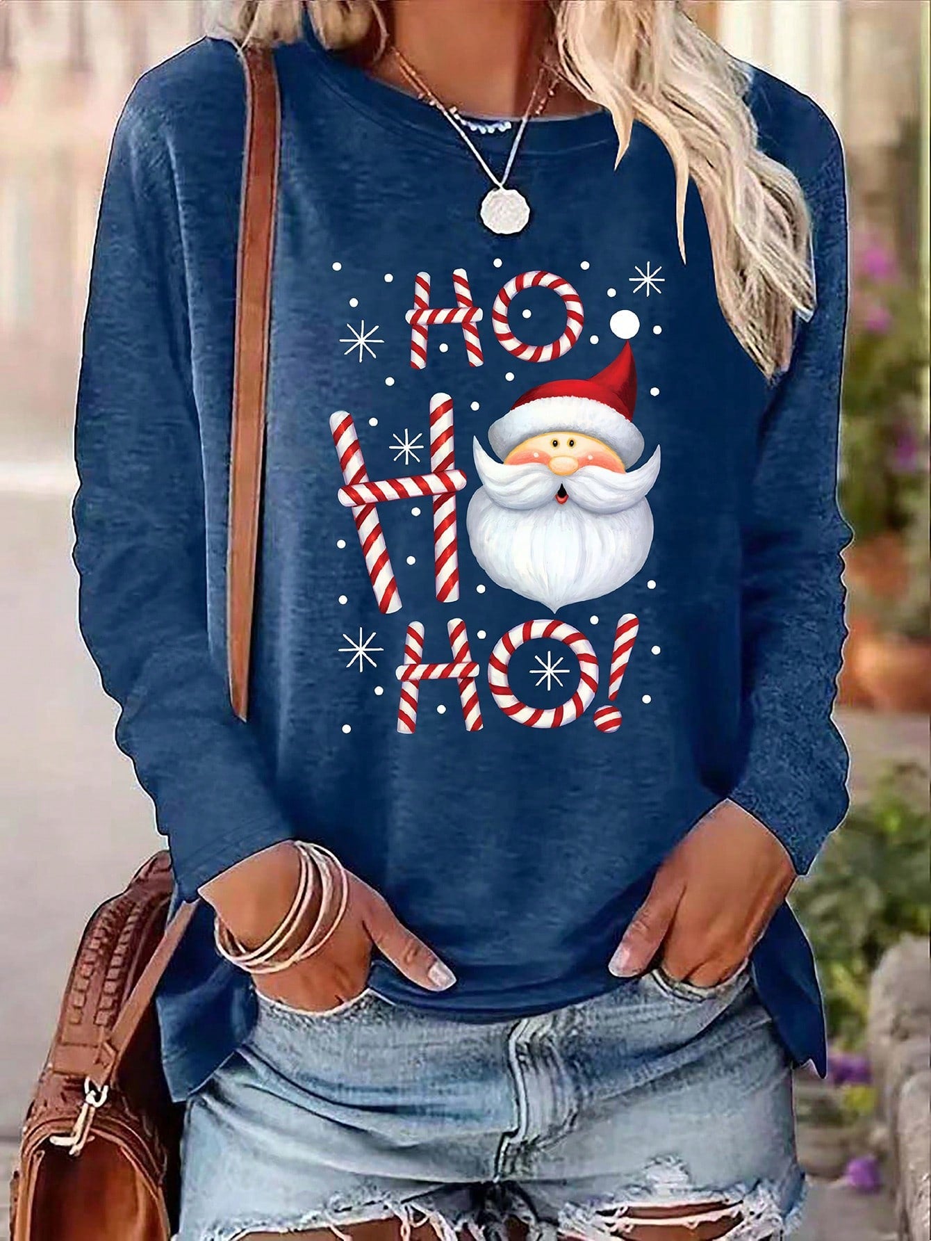 LUNE New Fashionable Casual Christmastheme Print Pattern Round Neck Themed Long Sleeve T-Shirt For Women, Pajamas Family Autumn Clothes