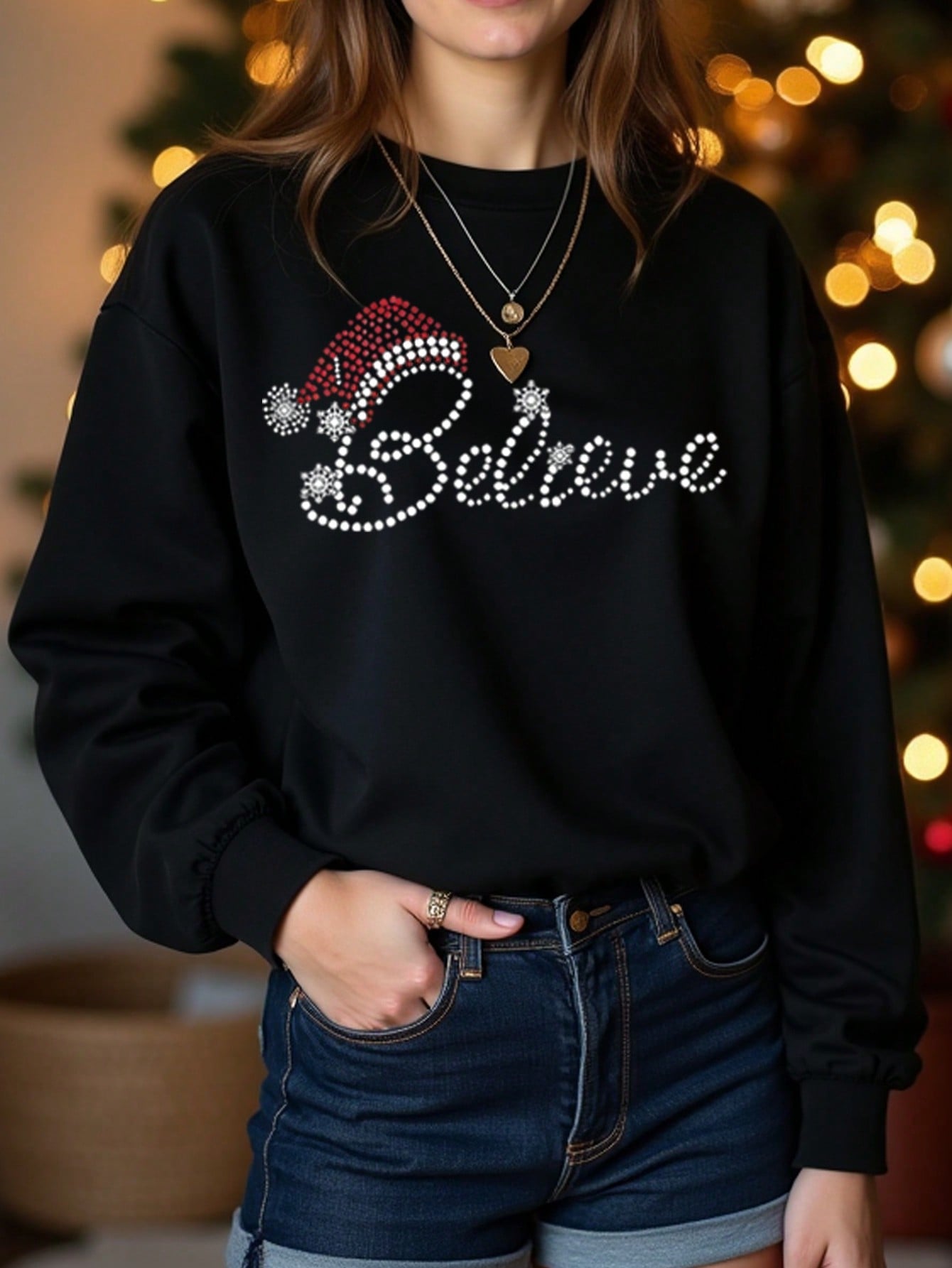 1pc Women's Casual Lovely Imitation Sequin Christmas Slogan Letter Snowflake Printed Fleece Sweatshirt For Christmas Family Party, Autumn/Winter