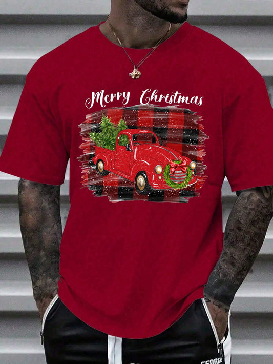 Manfinity 1pc Men's Fashionable Casual Christmas Tree Truck Greeting Printed Crew Neck Short Sleeve T-Shirt For Christmas Party,Graphic Tee