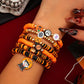 7pcs Halloween Themed Polymer Clay Beaded Stackable Elastic Bracelet Set, Fashionable Pumpkin