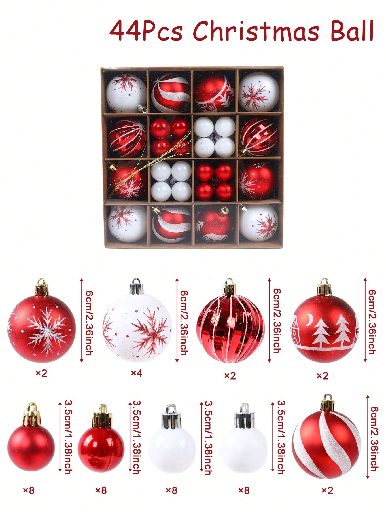 44pcs/Box Colorful Christmas Tree Ball Hanging Decorations, Red