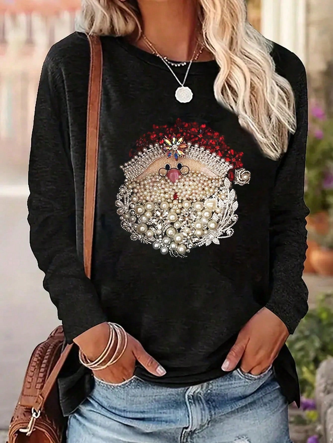 LUNE Santa Claus Rhinestone Embellished Women's Long Sleeve T-Shirt, Christmas