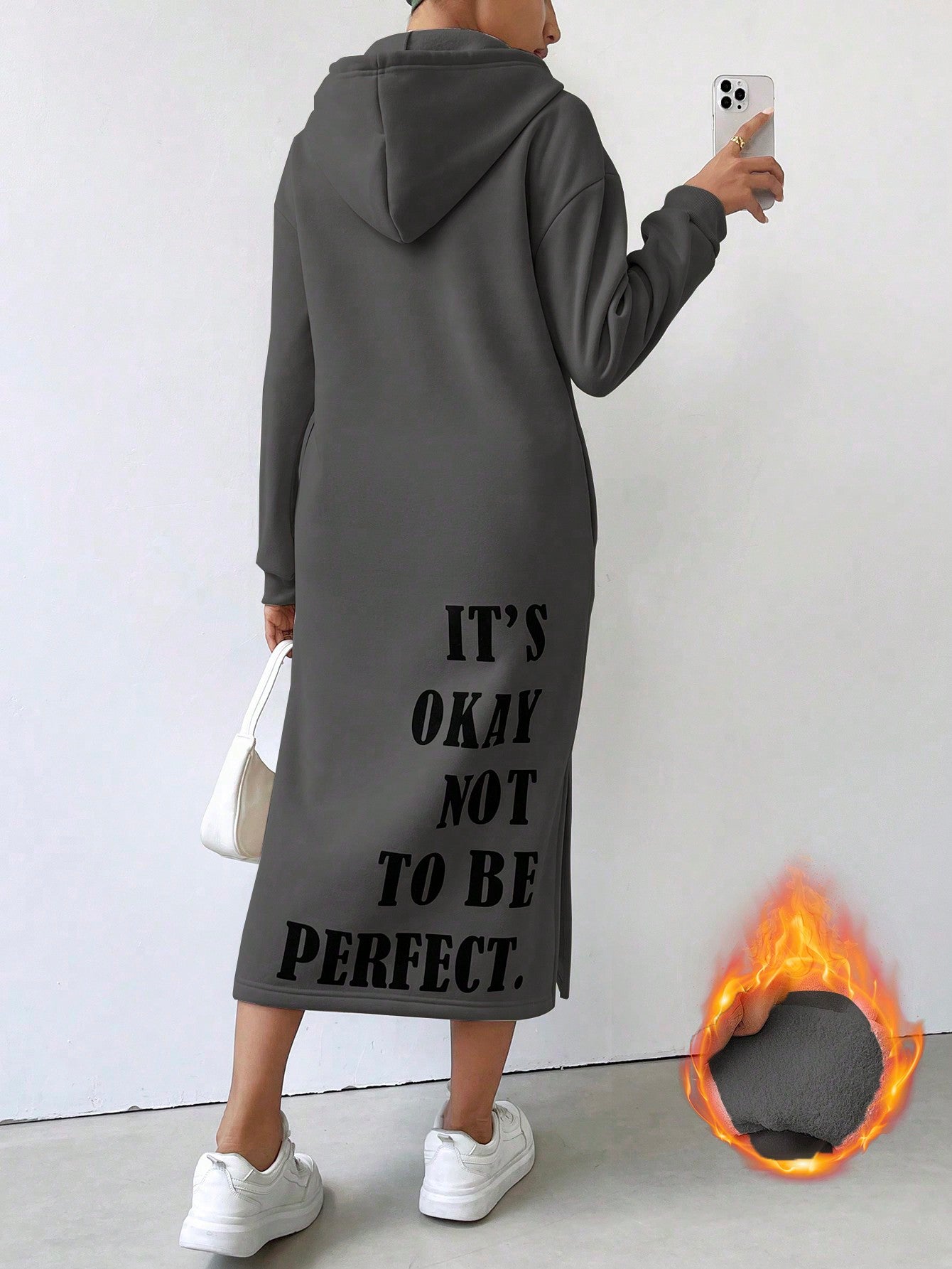 Essnce Slogan Graphic Drop Shoulder Hooded Sweatshirt Dress IT'S OKAY NOT TO BE PERFECT,Long Sleeve Tops