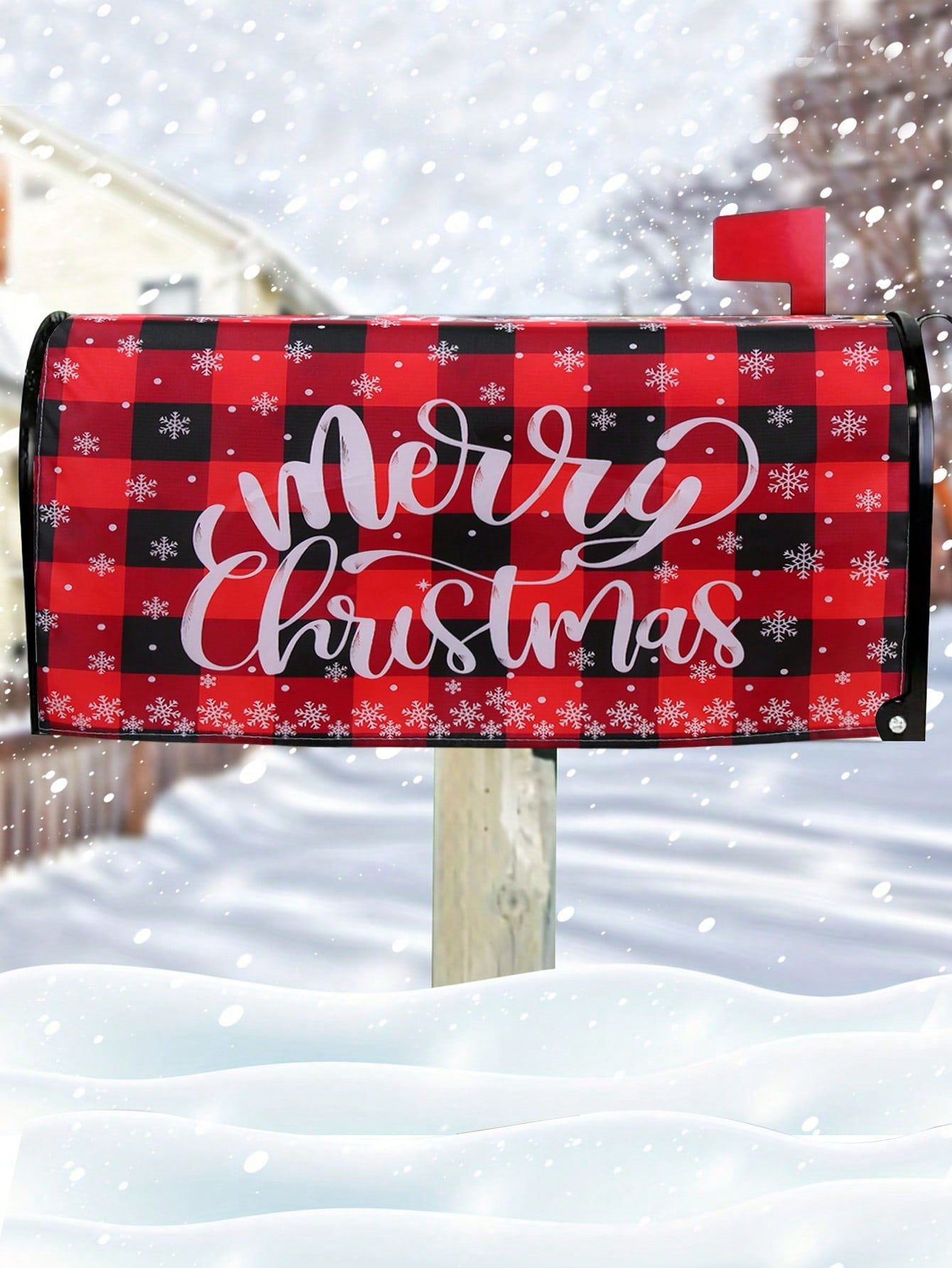 1Pc Linen Christmas Mailbox Cover, Snowflake Pattern Red Black Plaid Merry Christmas Mailbox Pad,Christmas Decoration,Noel Party Supplies,Xmas Decor,Home Decor,Navidad Decor,Garden Yard Decoration