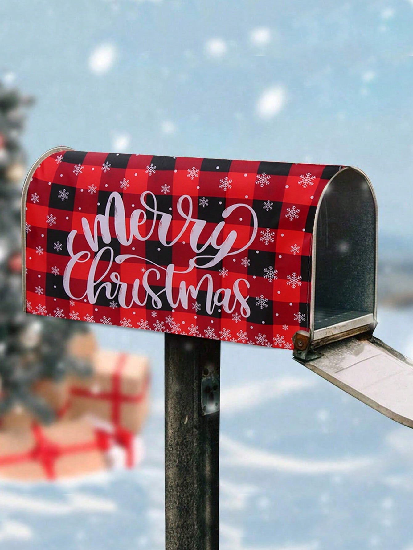 1Pc Linen Christmas Mailbox Cover, Snowflake Pattern Red Black Plaid Merry Christmas Mailbox Pad,Christmas Decoration,Noel Party Supplies,Xmas Decor,Home Decor,Navidad Decor,Garden Yard Decoration