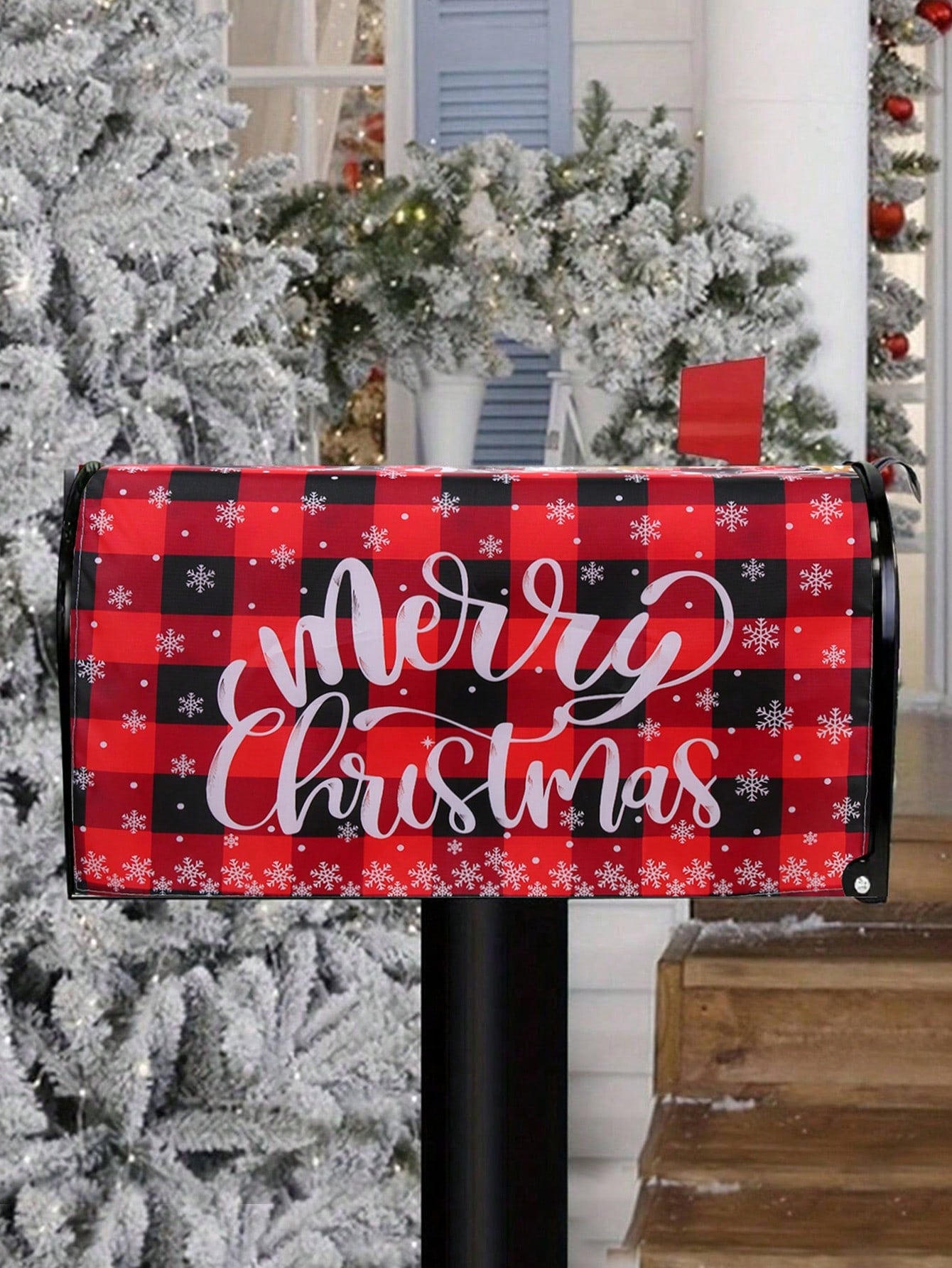 1Pc Linen Christmas Mailbox Cover, Snowflake Pattern Red Black Plaid Merry Christmas Mailbox Pad,Christmas Decoration,Noel Party Supplies,Xmas Decor,Home Decor,Navidad Decor,Garden Yard Decoration