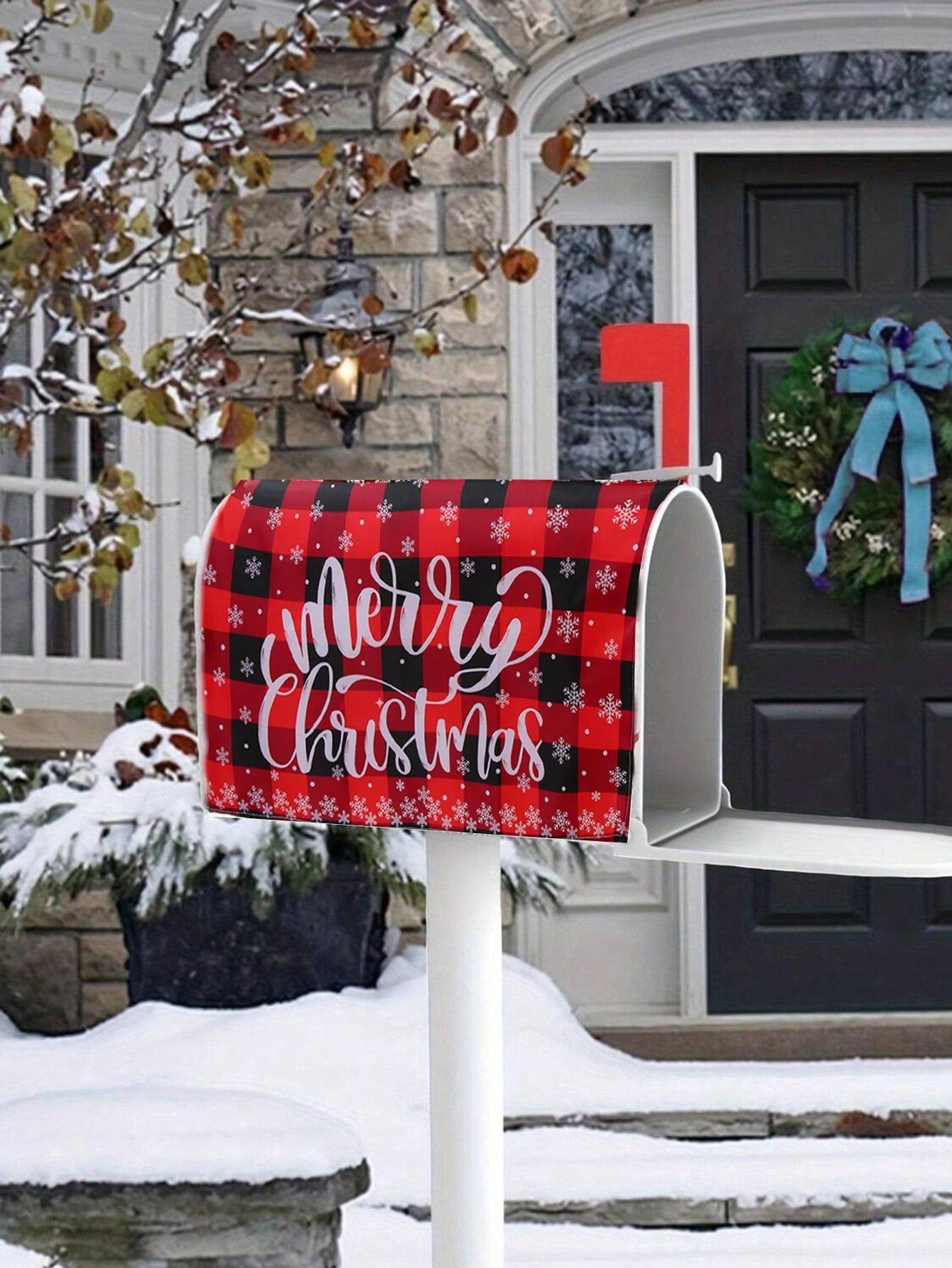 1Pc Linen Christmas Mailbox Cover, Snowflake Pattern Red Black Plaid Merry Christmas Mailbox Pad,Christmas Decoration,Noel Party Supplies,Xmas Decor,Home Decor,Navidad Decor,Garden Yard Decoration