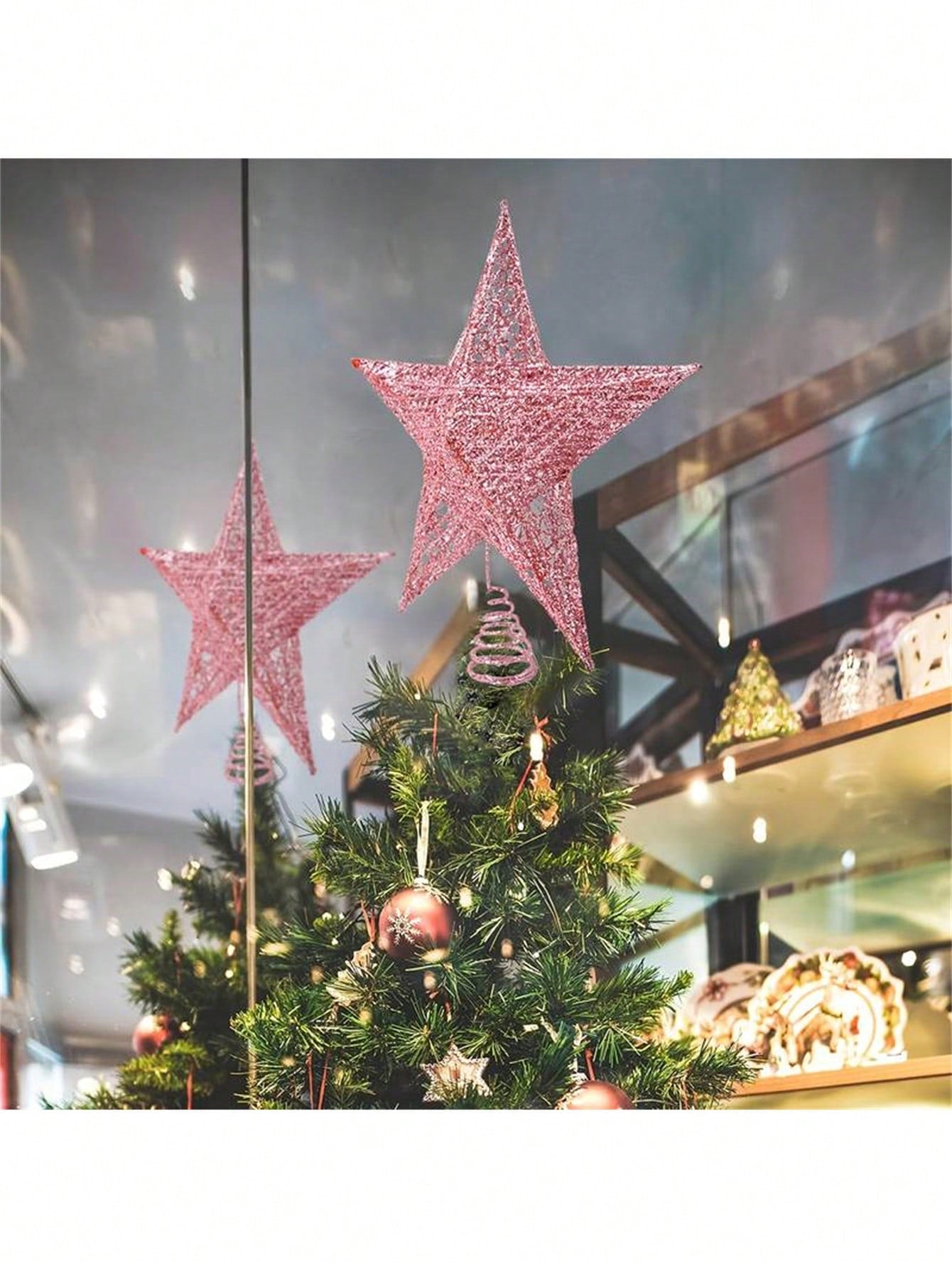 1set Pink Star Christmas Tree Topper Decor - Holiday Seasonal Decorations, Suitable For Christmas