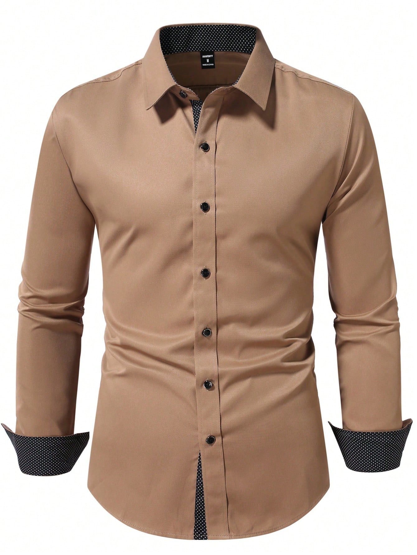 Manfinity Mode Men's Solid Color Long Sleeve Shirt, Slim Fit Button Up Collar Plain Business Shirt