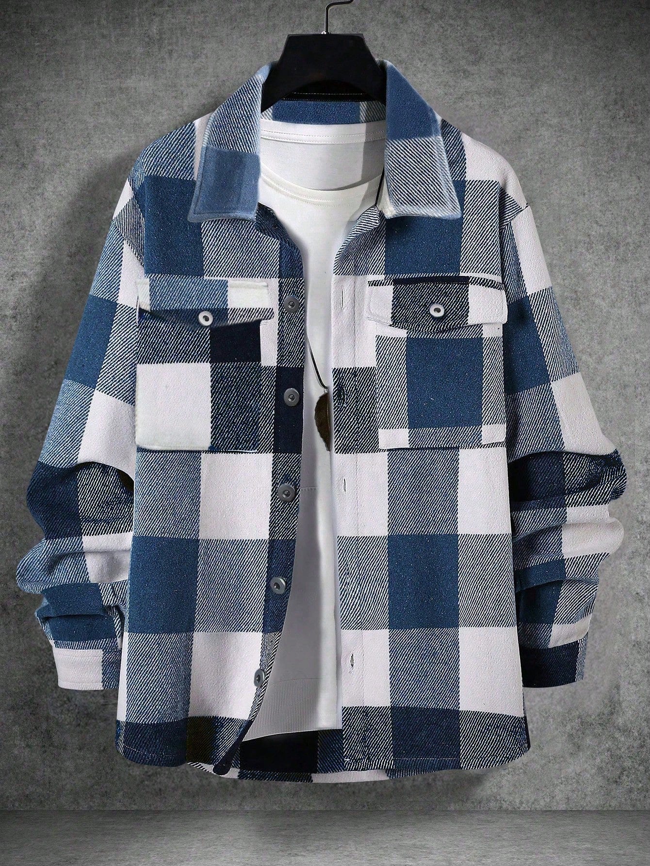 Manfinity Homme Men Button Front Long Sleeve Pocket Plaid Casual Jacket