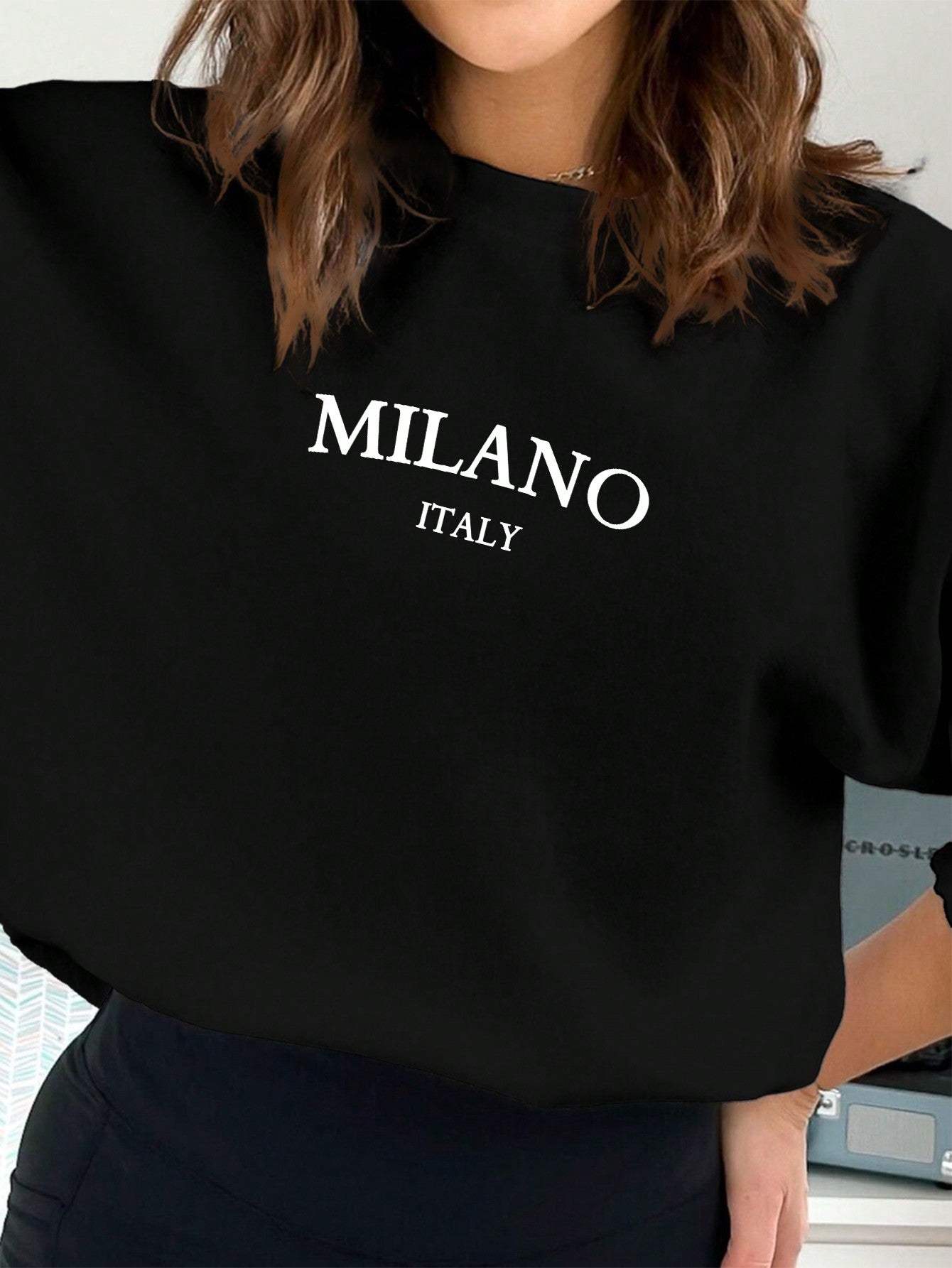 Casual Minimalist Printed Pattern Crew Neck Loose Fit Thick Sweatshirt For Autumn/Winter, Plus Size