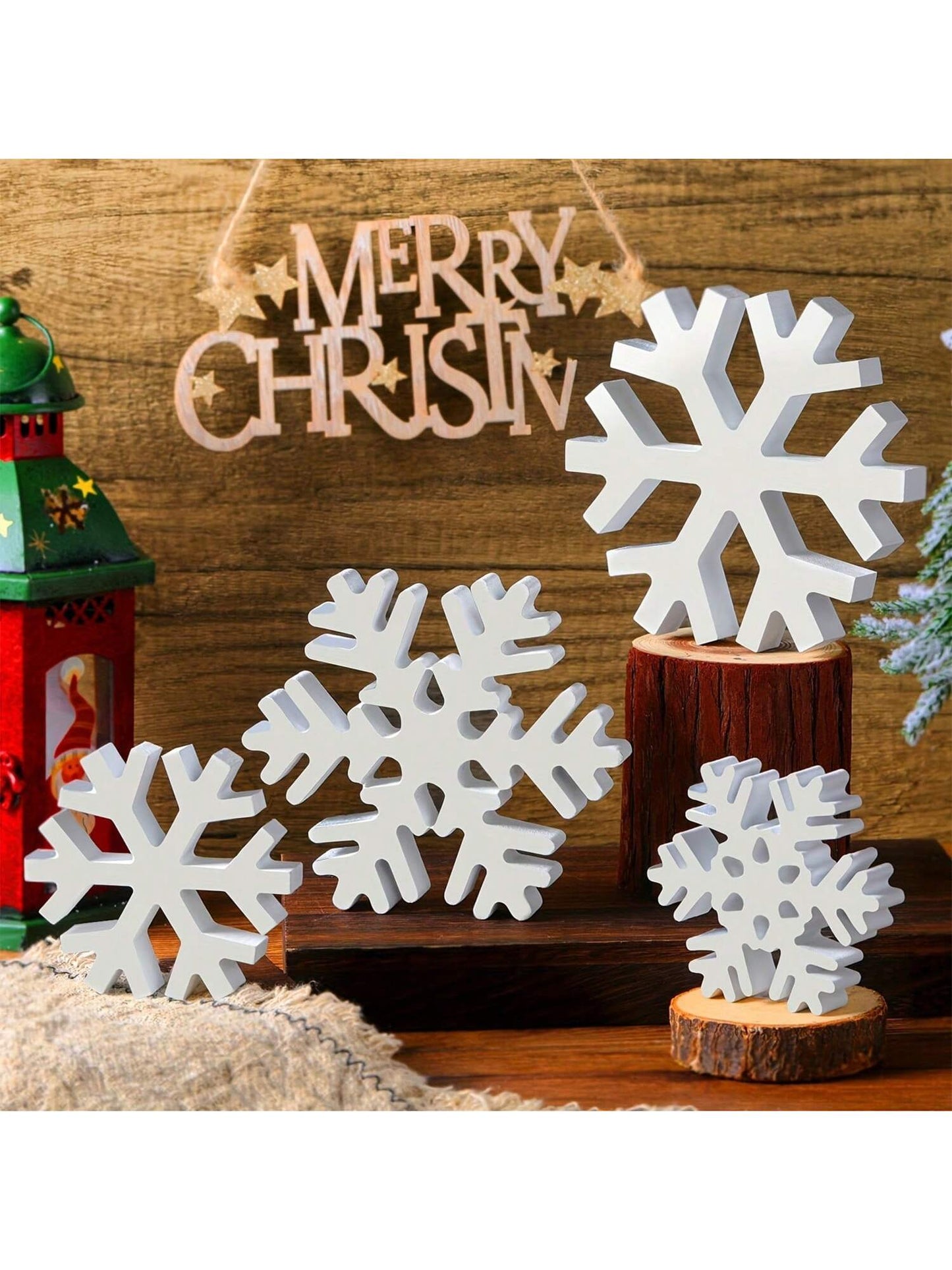 3Pcs Christmas Wooden Snowflake Decoration Winter Snowflake Signs 3D Snowflake Tabletop Decor Snowflake Centerpiece Xmas Snowflake Signs For Home Xmas Party(White)