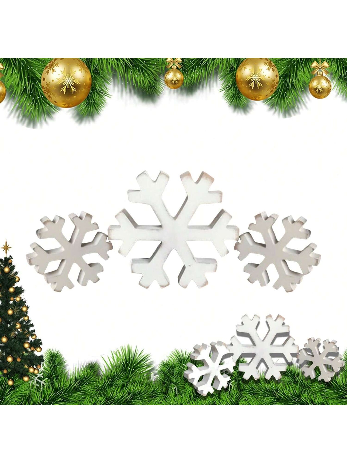 3Pcs Christmas Wooden Snowflake Decoration Winter Snowflake Signs 3D Snowflake Tabletop Decor Snowflake Centerpiece Xmas Snowflake Signs For Home Xmas Party(White)