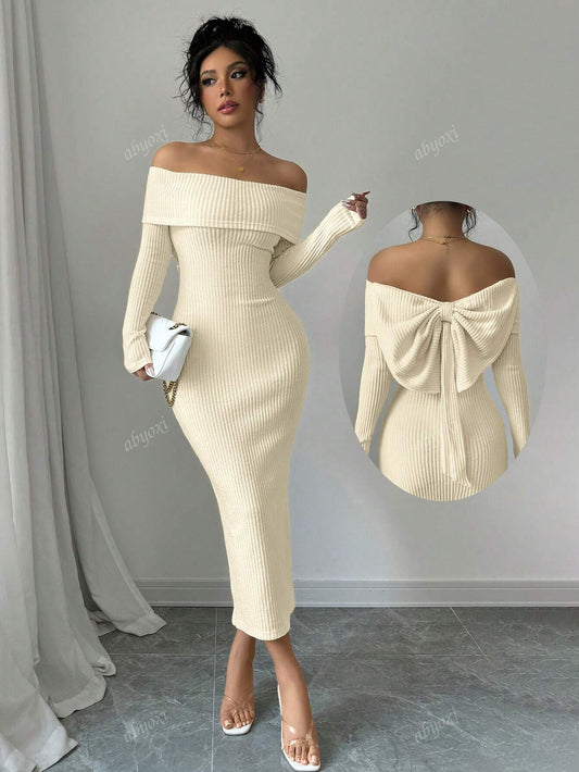 Solid Color Off Shoulder Long Sleeves Elegance Bodycon Party Dress With Back Bow Decoration,Fashionable,2024 Autumn And Winter New Women's Clothing, Elegant Cocktail Semi Formal Prom Dress, For Birthday, Wedding Guest, Graduation, Dinner, Homecoming