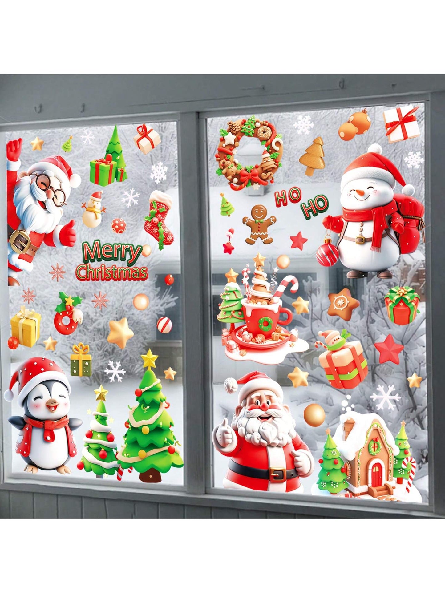 9pcs Christmas Window Clings, Santa Claus Cartoon Christmas Window Stickers, Movable Glass Window Christmas Decorations For Home, Office Holiday Decor,Christmas