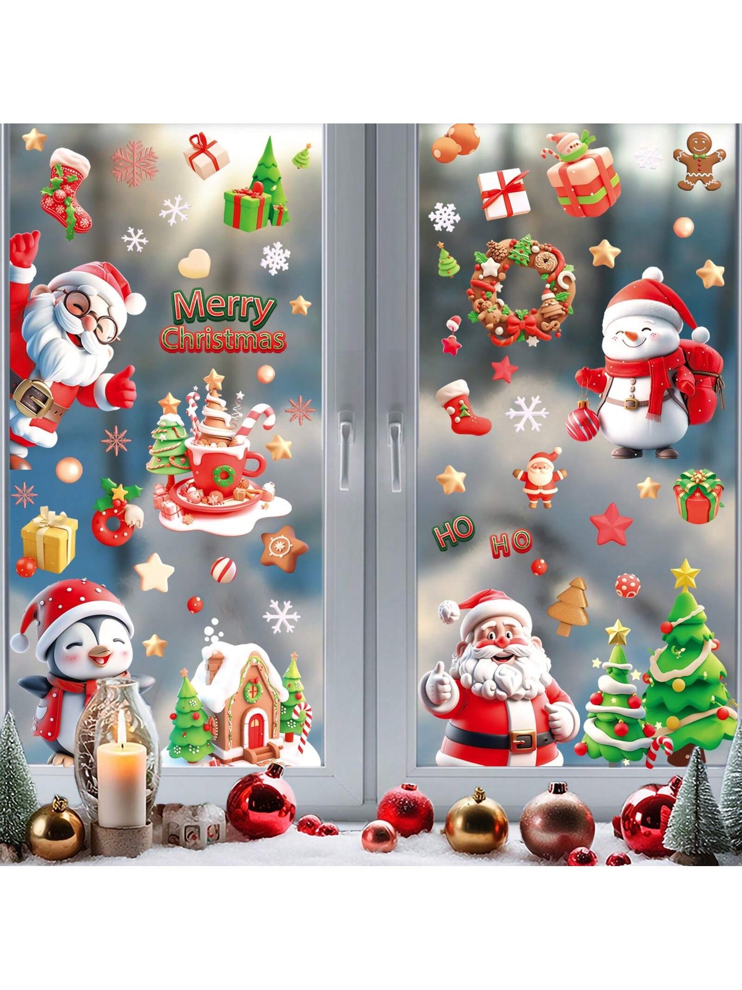 9pcs Christmas Window Clings, Santa Claus Cartoon Christmas Window Stickers, Movable Glass Window Christmas Decorations For Home, Office Holiday Decor,Christmas