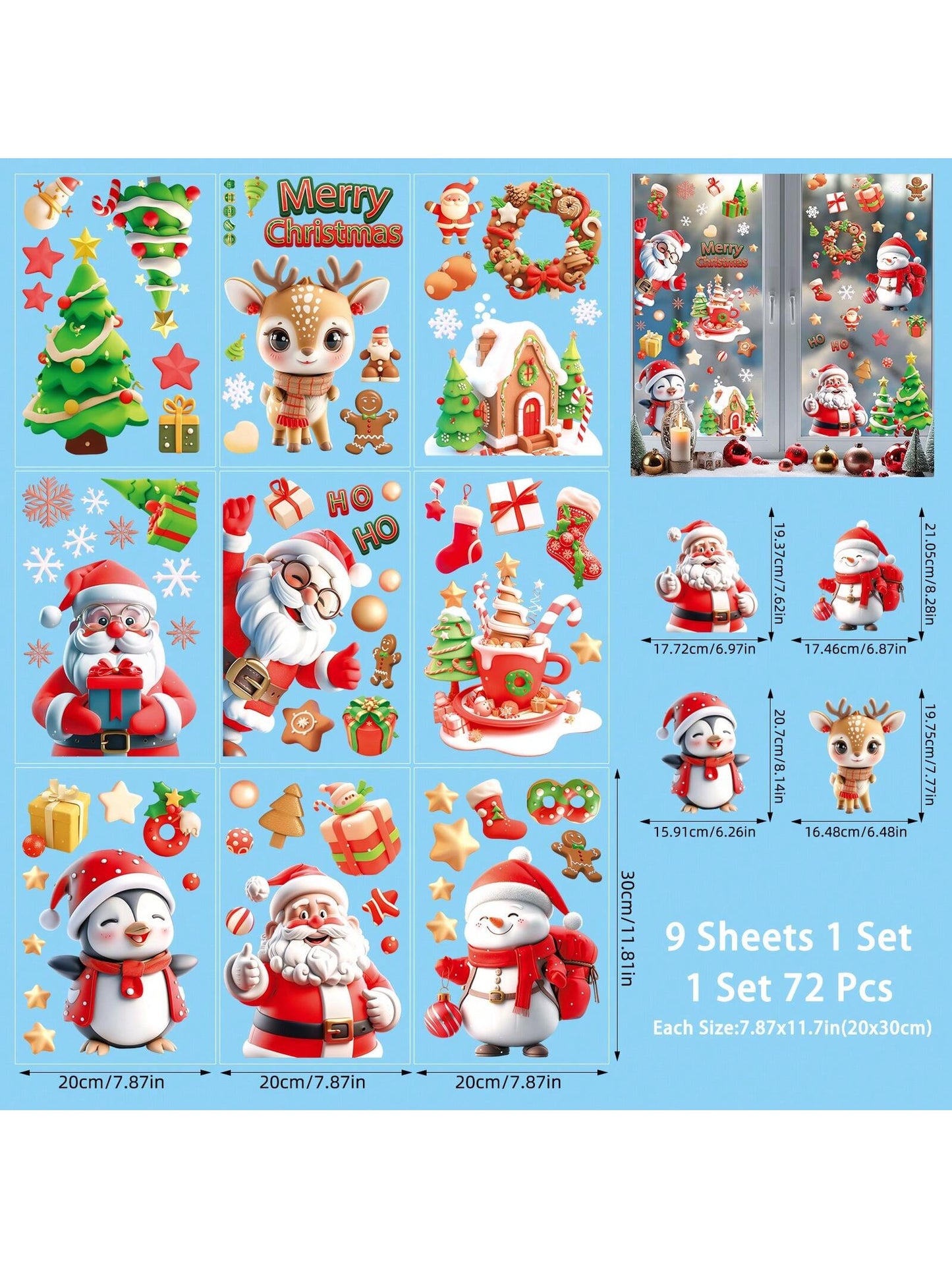 9pcs Christmas Window Clings, Santa Claus Cartoon Christmas Window Stickers, Movable Glass Window Christmas Decorations For Home, Office Holiday Decor,Christmas