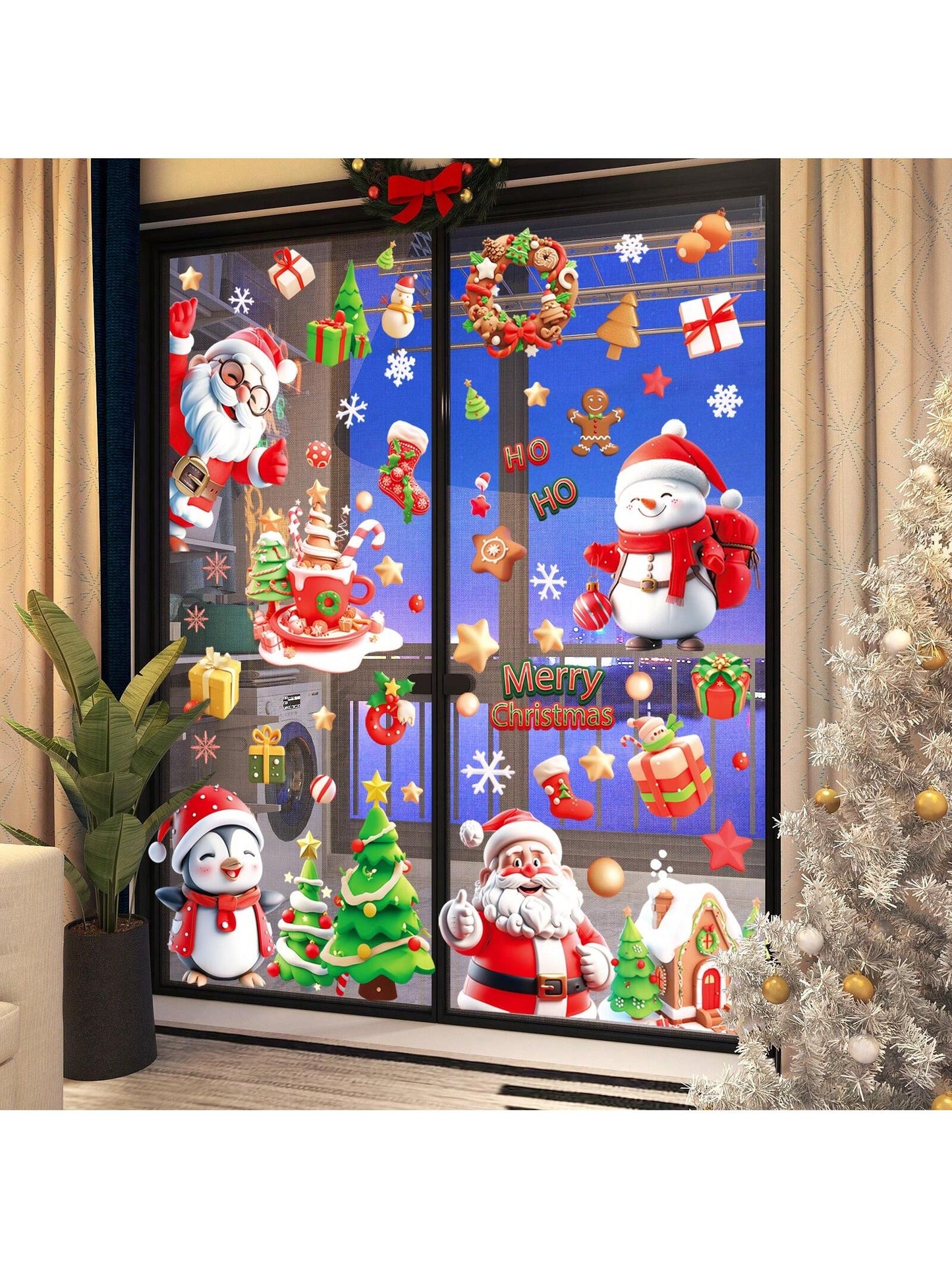 9pcs Christmas Window Clings, Santa Claus Cartoon Christmas Window Stickers, Movable Glass Window Christmas Decorations For Home, Office Holiday Decor,Christmas