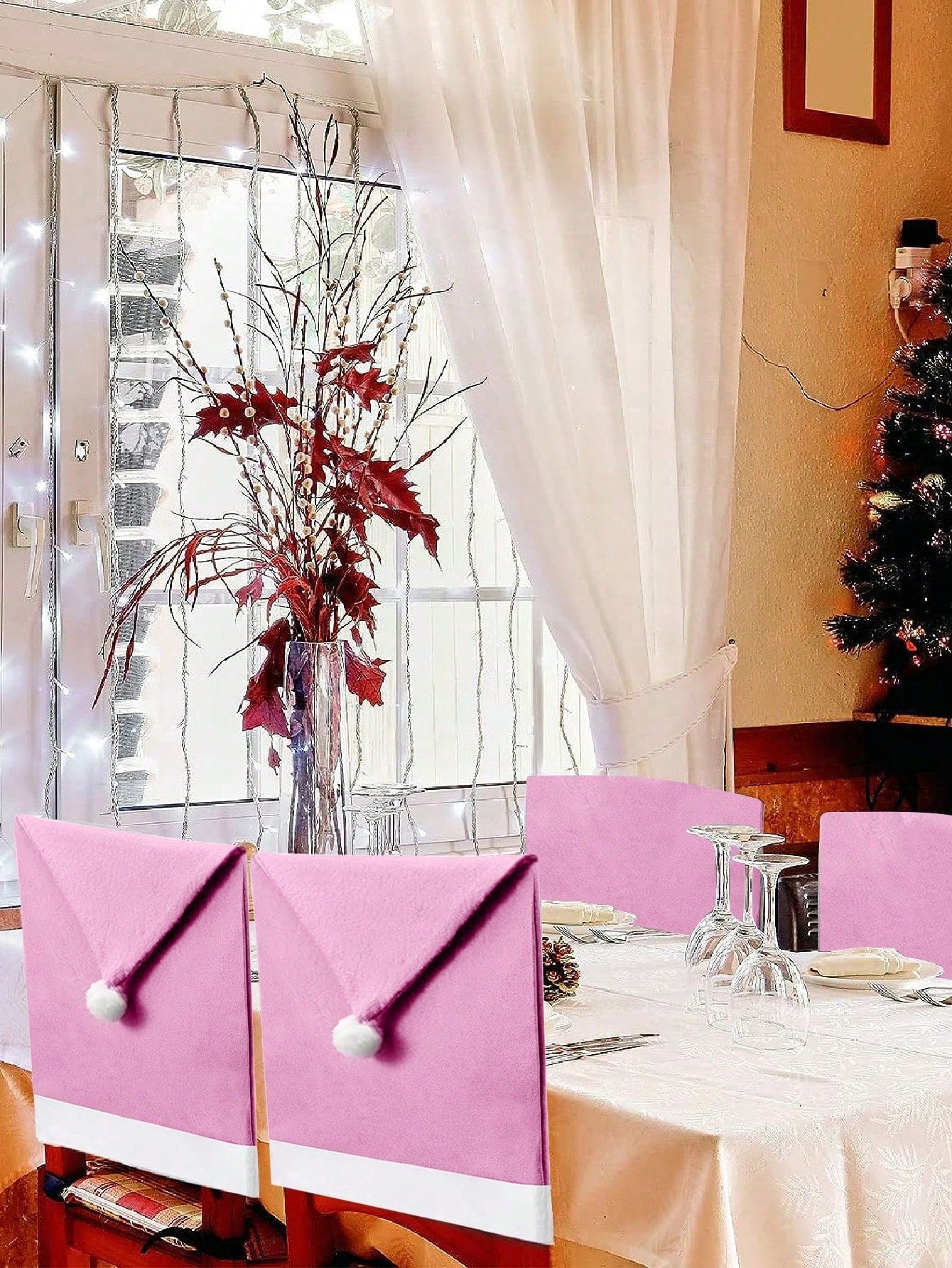 4/6/8pcs-Christmas Decoration Christmas Chair Covers Decor, Santa Claus Pink Hat Snowflake Chair Xmas Cap, Pink Non-Woven Chair Cover Christmas Table Decoration,Kitchen Dining Chair Slipcovers Sets For Christmas Holiday Festive Decorations (Pink Santa)