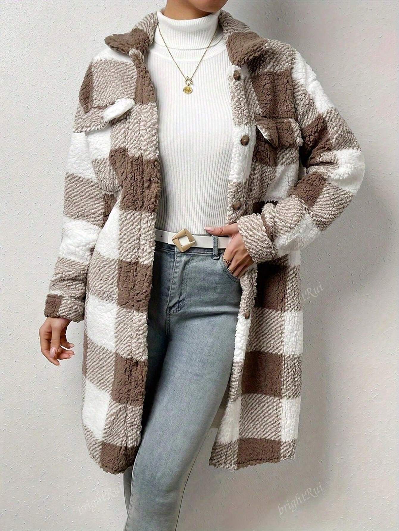 Women Single-Breasted Lapel Fluffy Plaid Long Coat, Autumn/Winter