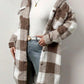 Women Single-Breasted Lapel Fluffy Plaid Long Coat, Autumn/Winter