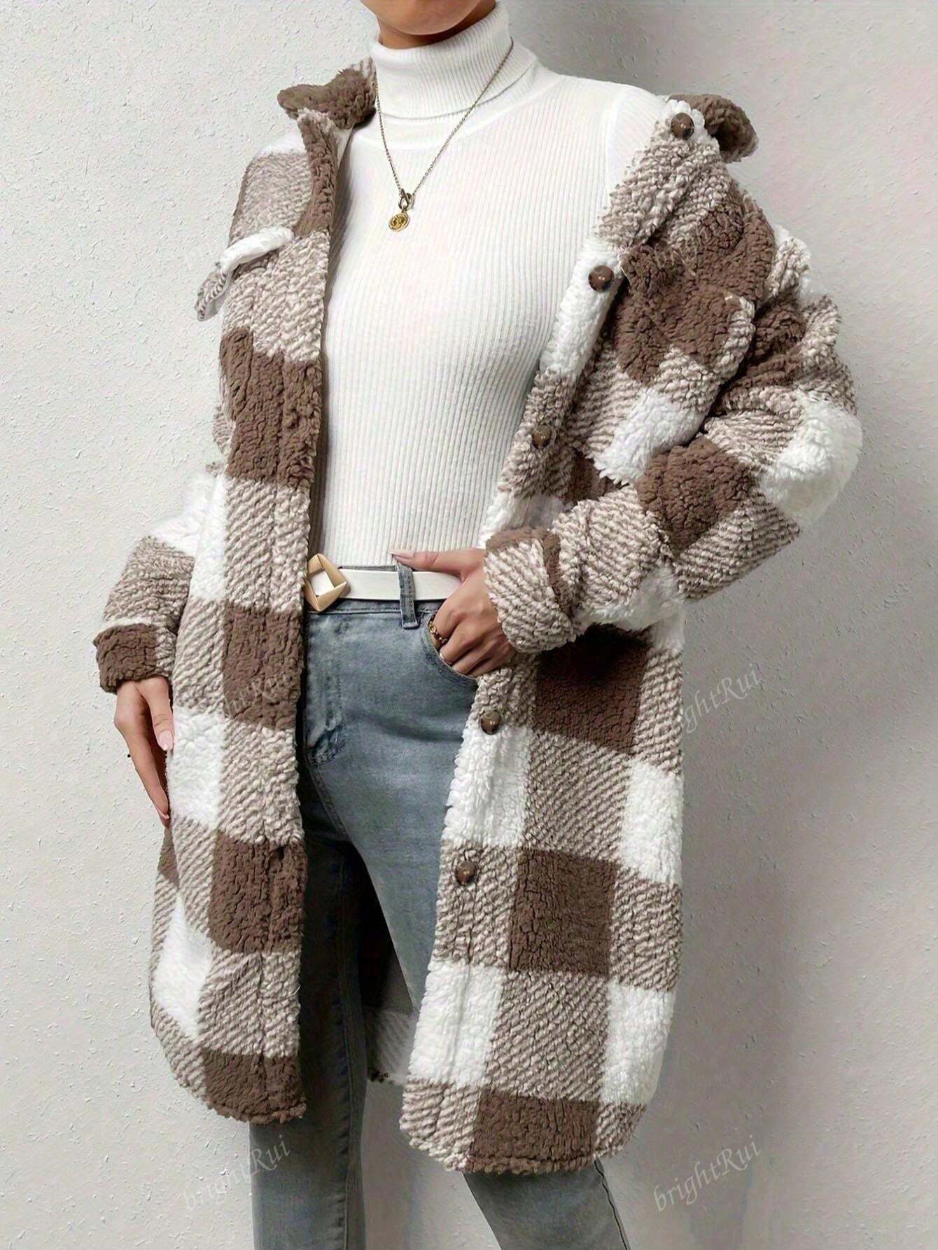 Women Single-Breasted Lapel Fluffy Plaid Long Coat, Autumn/Winter