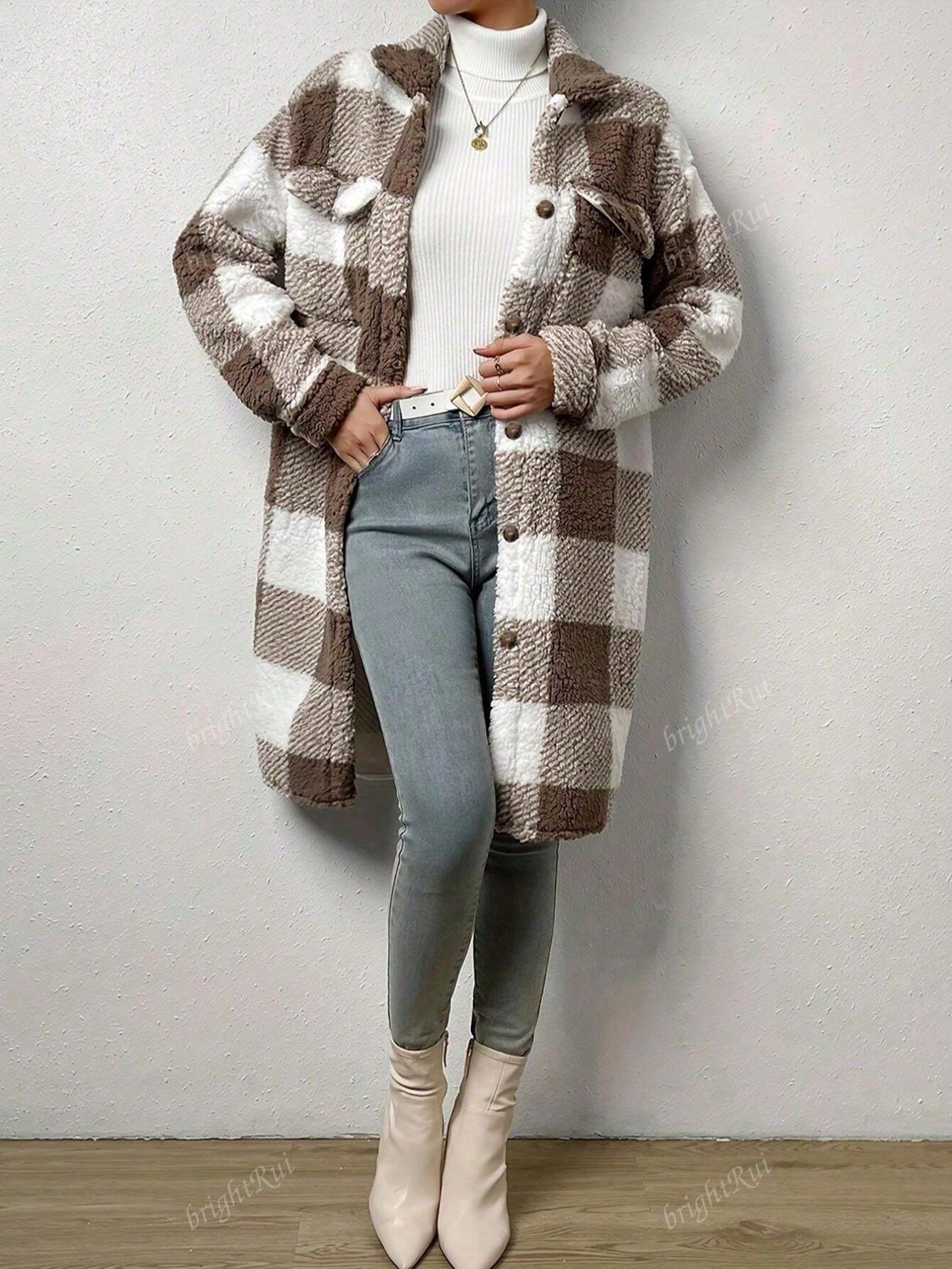 Women Single-Breasted Lapel Fluffy Plaid Long Coat, Autumn/Winter