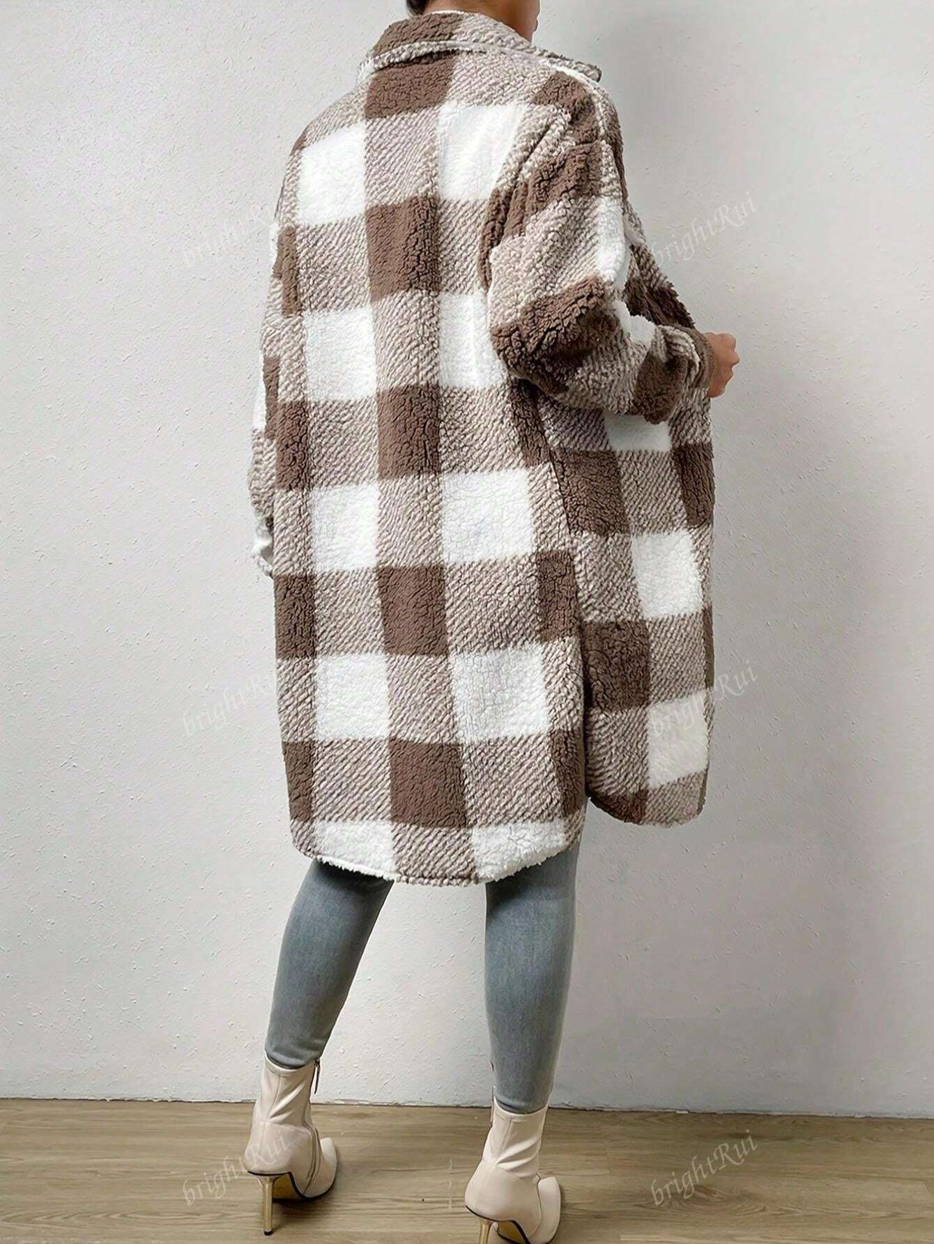 Women Single-Breasted Lapel Fluffy Plaid Long Coat, Autumn/Winter